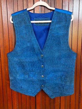 VTG AJ Blue Embroidered 100% Suede Leather Snap Front Western Vest Size XL